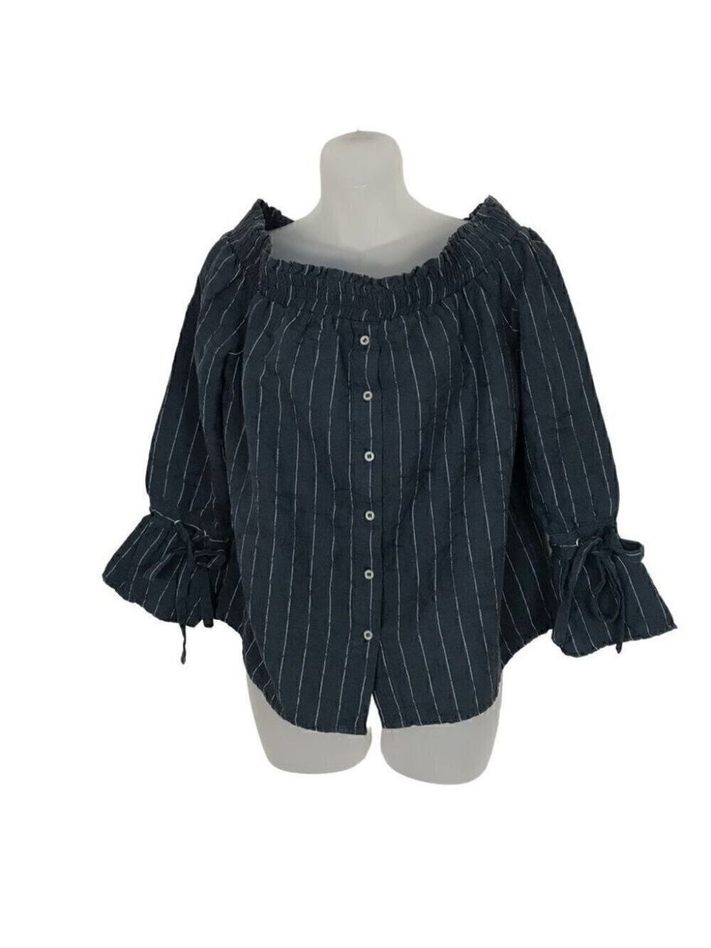 LUCKY Brand Navy Blue With White Stripes  Linen Cotton Mix Top Size M